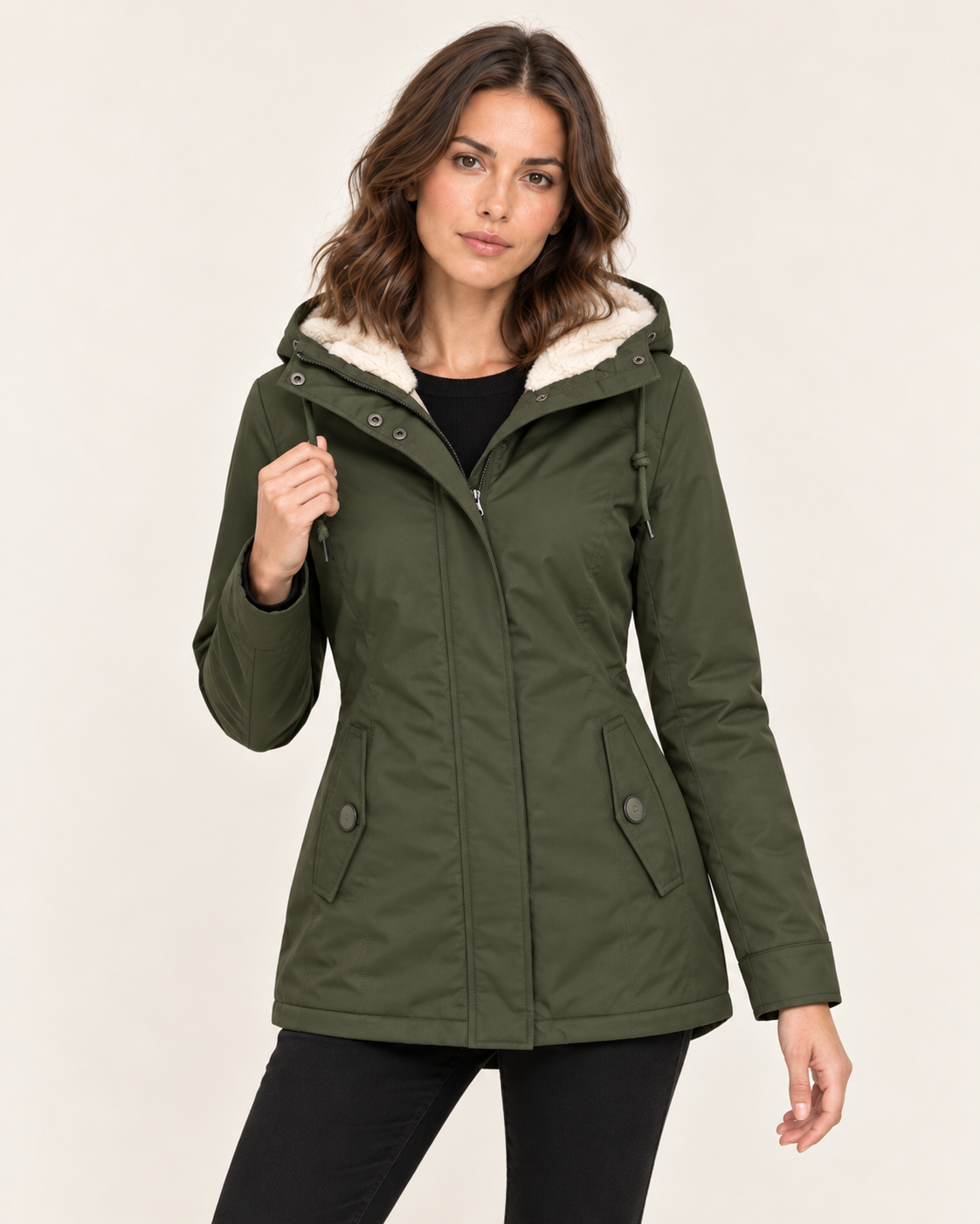 Women's Waterproof Sherpa Lined Hooded Parka Coat with Snap Pockets in Green