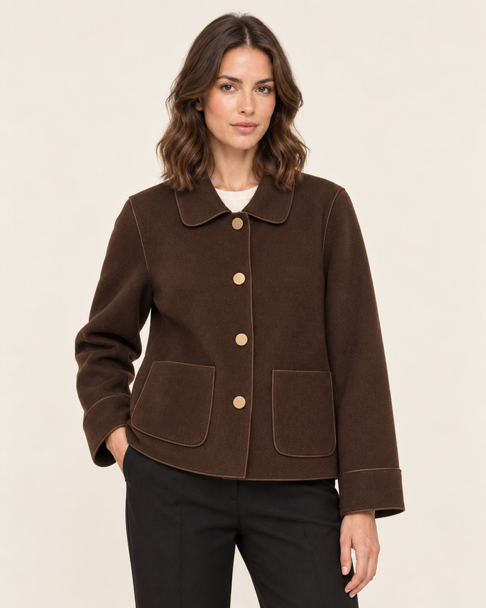 Women's Short Collared Jacket with Patch Pockets in Coffee