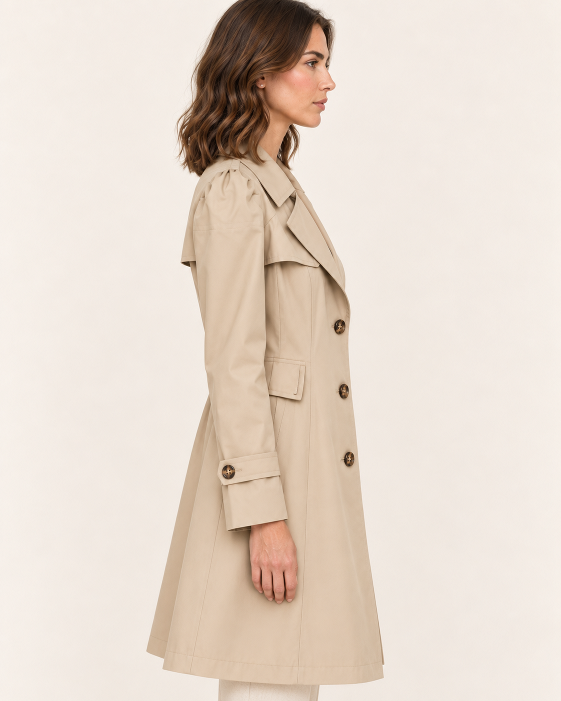 Women's Single Breasted Trench Coat with Puff Sleeves in Khaki, side view