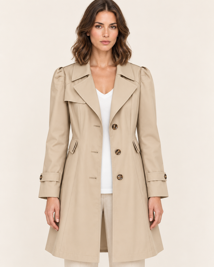 Women's Single Breasted Trench Coat with Puff Sleeves in Khaki