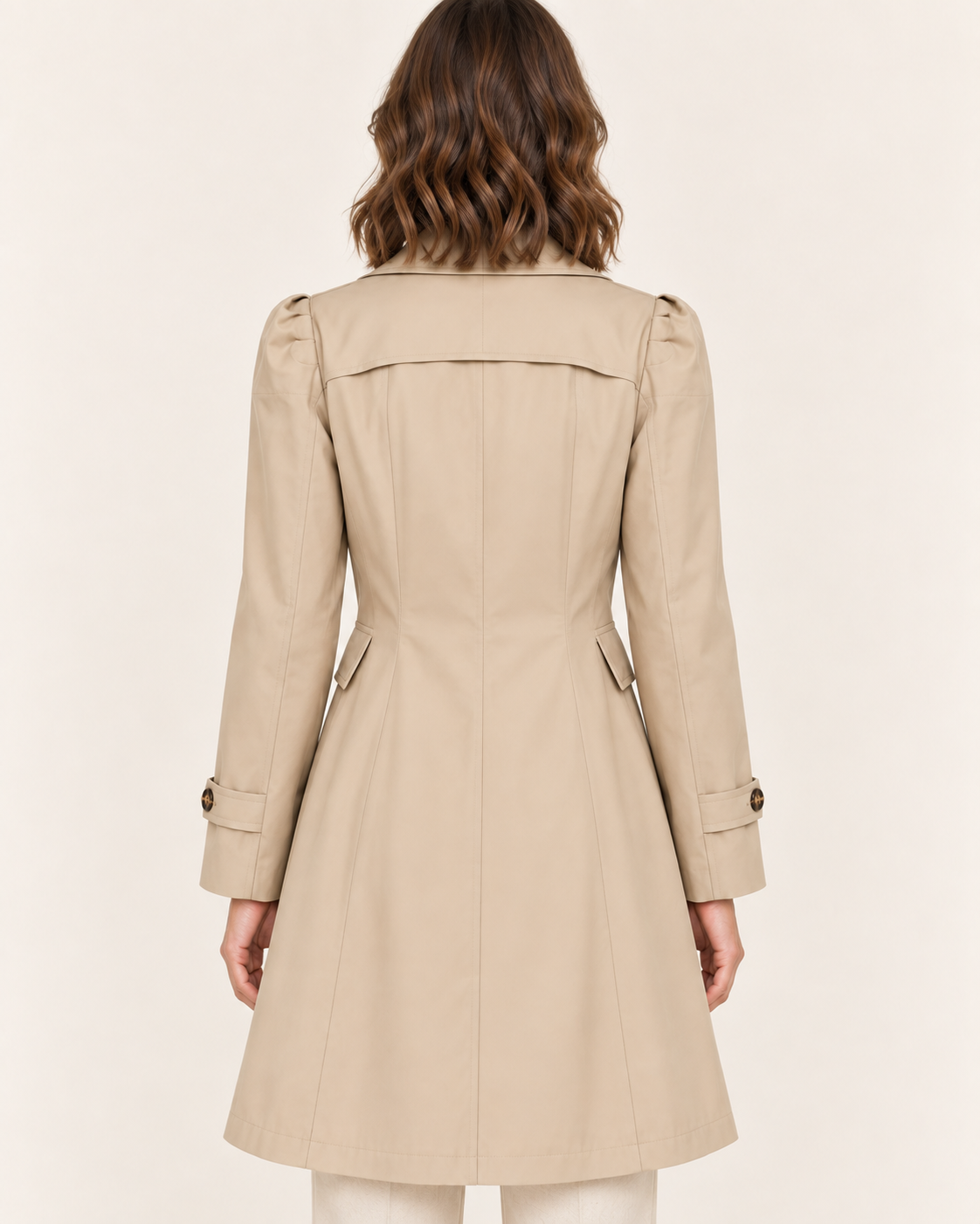 Women's Single Breasted Trench Coat with Puff Sleeves in Khaki, back view