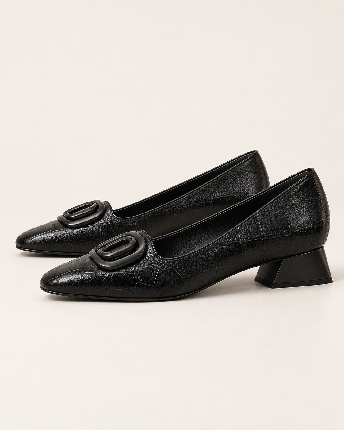 Women's Square Toe Flat Shoes with Low Block Heel and Loop Detail