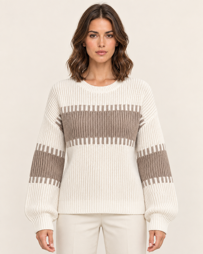 Women's Chunky Rib Colour Block Crew Neck Jumper in White & Mocha