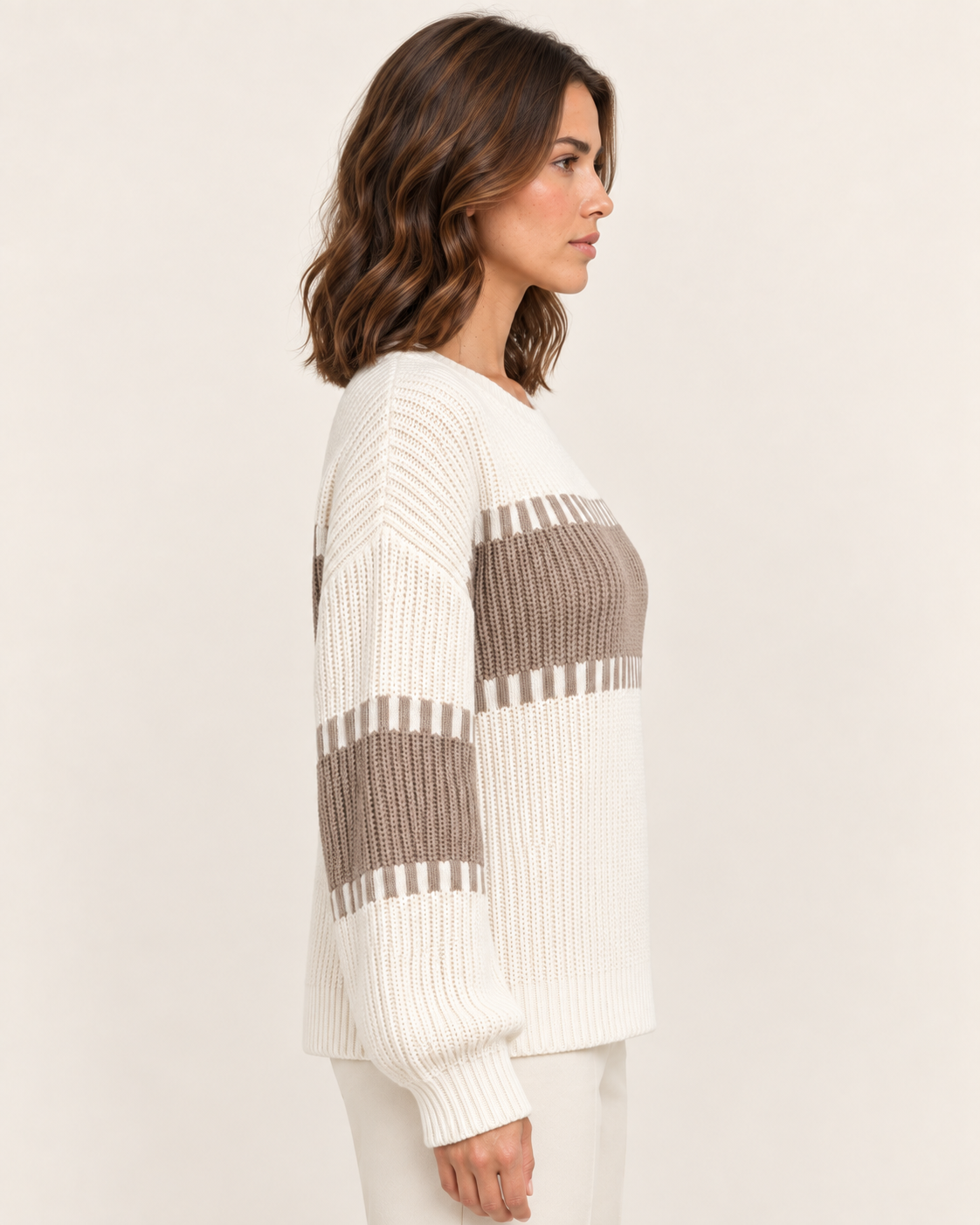 Women's Chunky Rib Colour Block Crew Neck Jumper in White & Mocha, side view