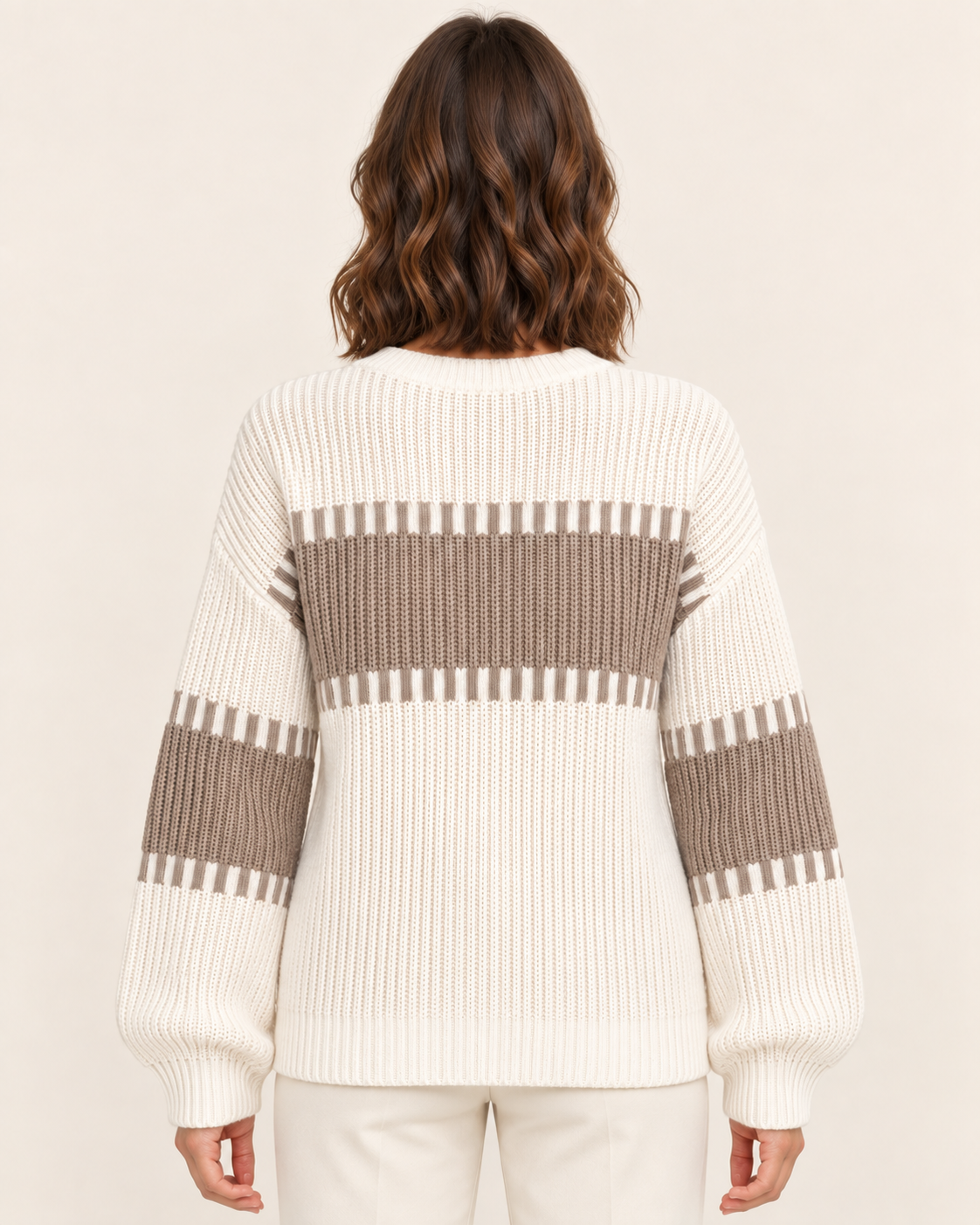Women's Chunky Rib Colour Block Crew Neck Jumper in White & Mocha, back view
