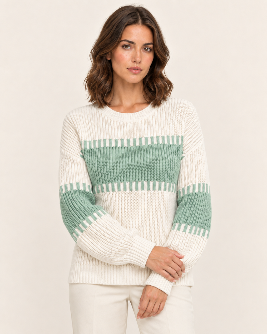Women's Chunky Rib Colour Block Crew Neck Jumper in White & Green
