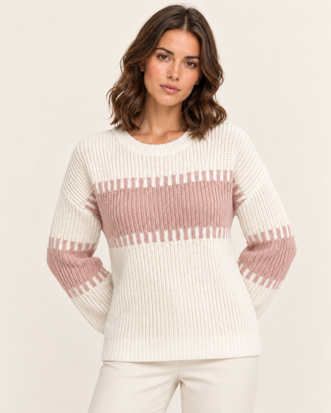 Women's Chunky Rib Colour Block Crew Neck Jumper in White & Pink