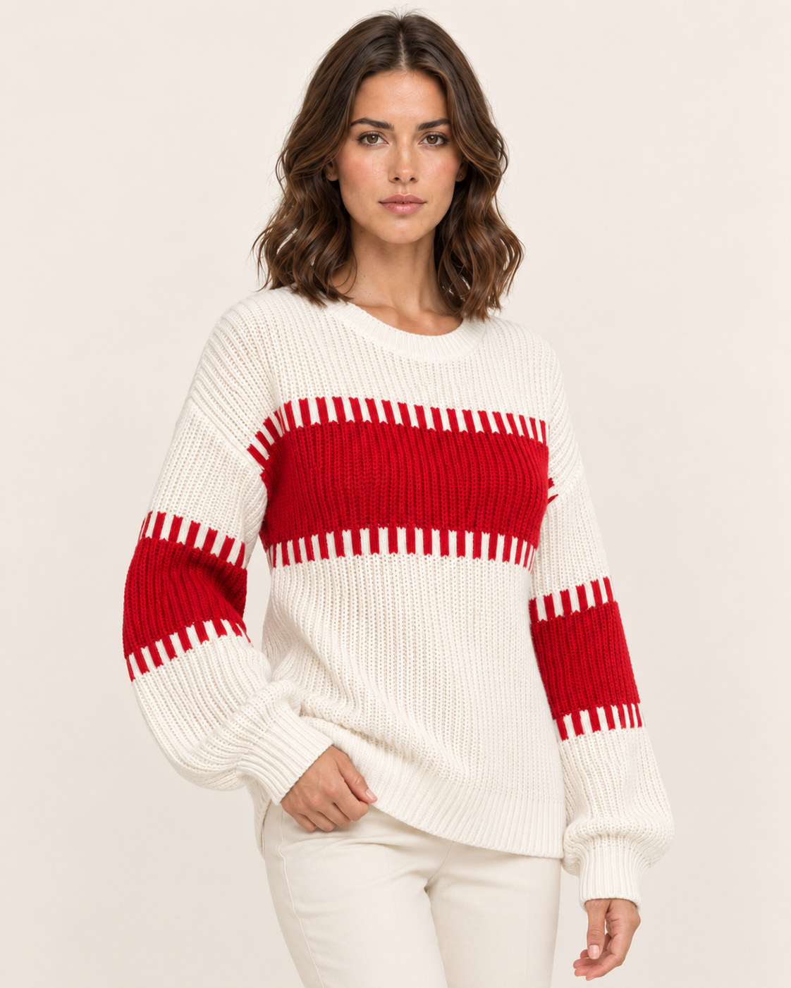 Women's Chunky Rib Colour Block Crew Neck Jumper in White & Red