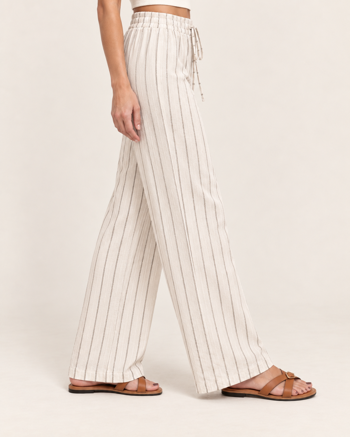 Women's Striped Wide Leg Trousers with Elasticated Waist in Cream, side view