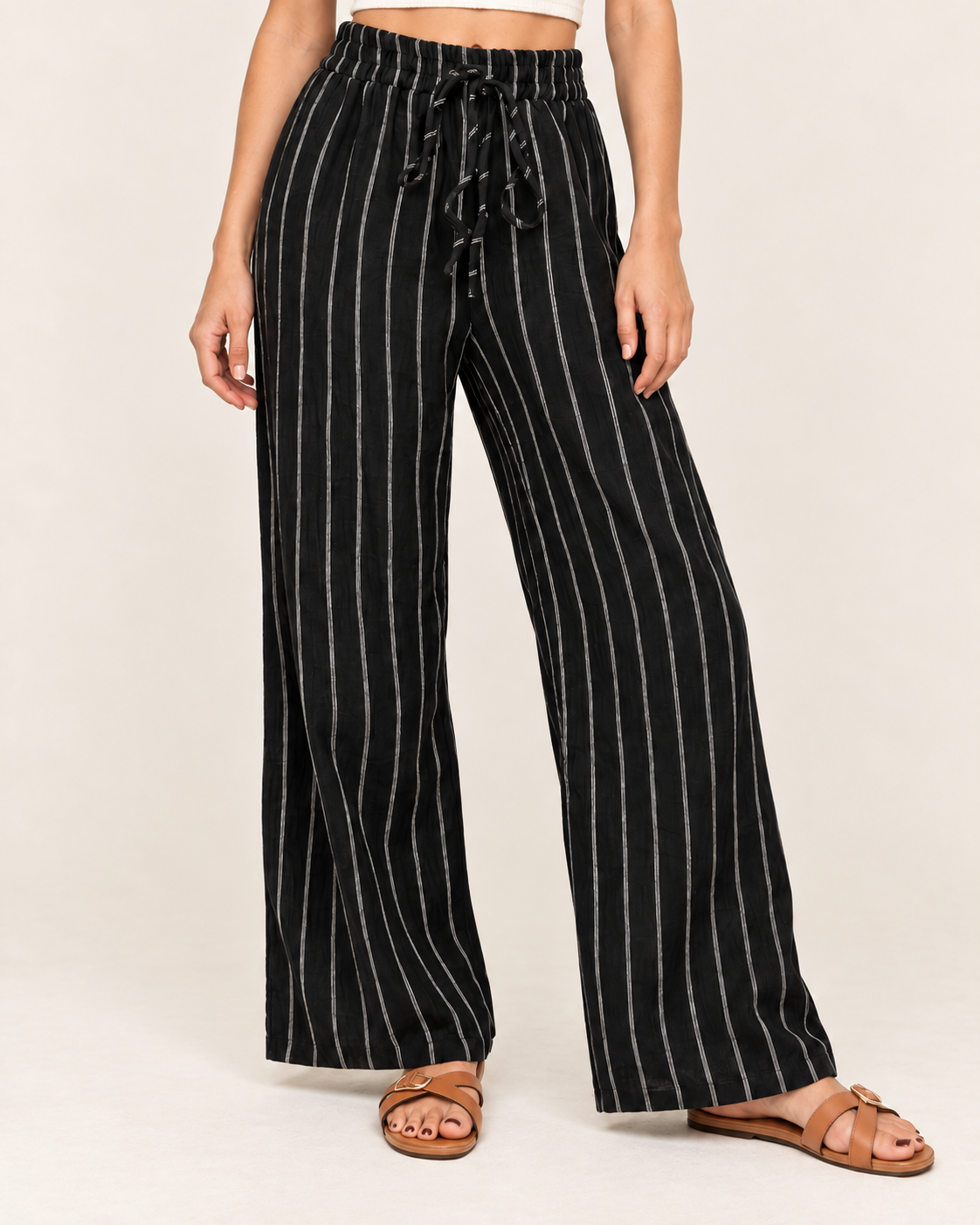 Women's Striped Wide Leg Trousers with Elasticated Waist in Black