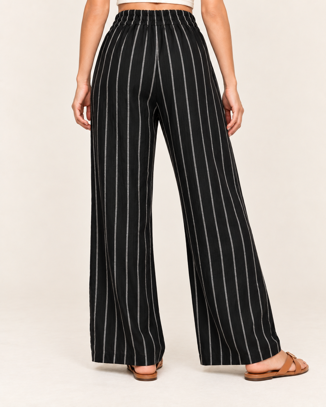 Women's Striped Wide Leg Trousers with Elasticated Waist in Black, back view