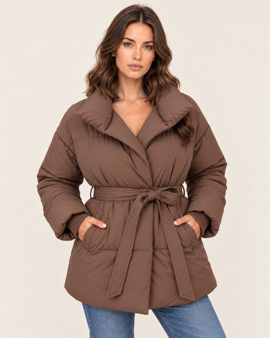 Women's Belted Puffer Jacket with Shawl Collar in Brown