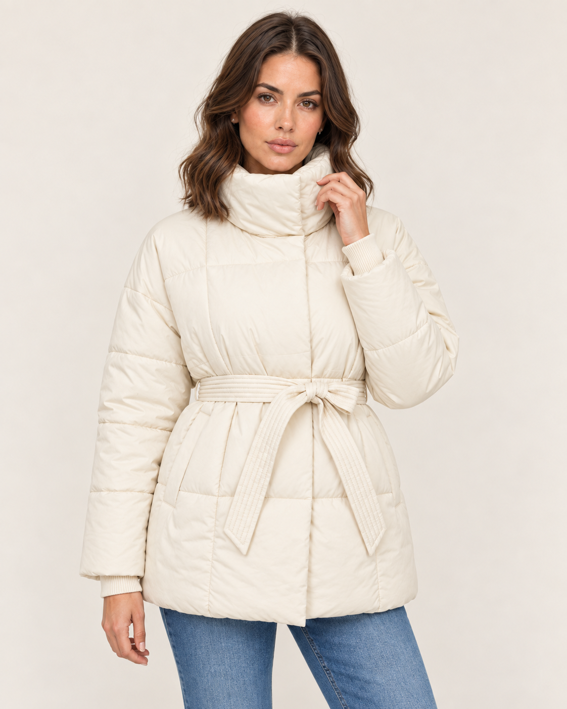 Women's Belted Puffer Jacket with Shawl Collar in White