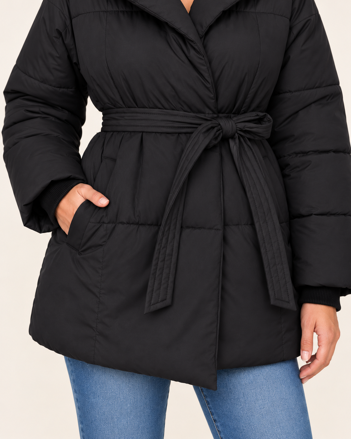 Women's Belted Puffer Jacket with Shawl Collar