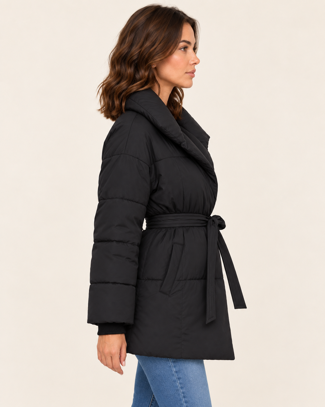 Women's Belted Puffer Jacket with Shawl Collar