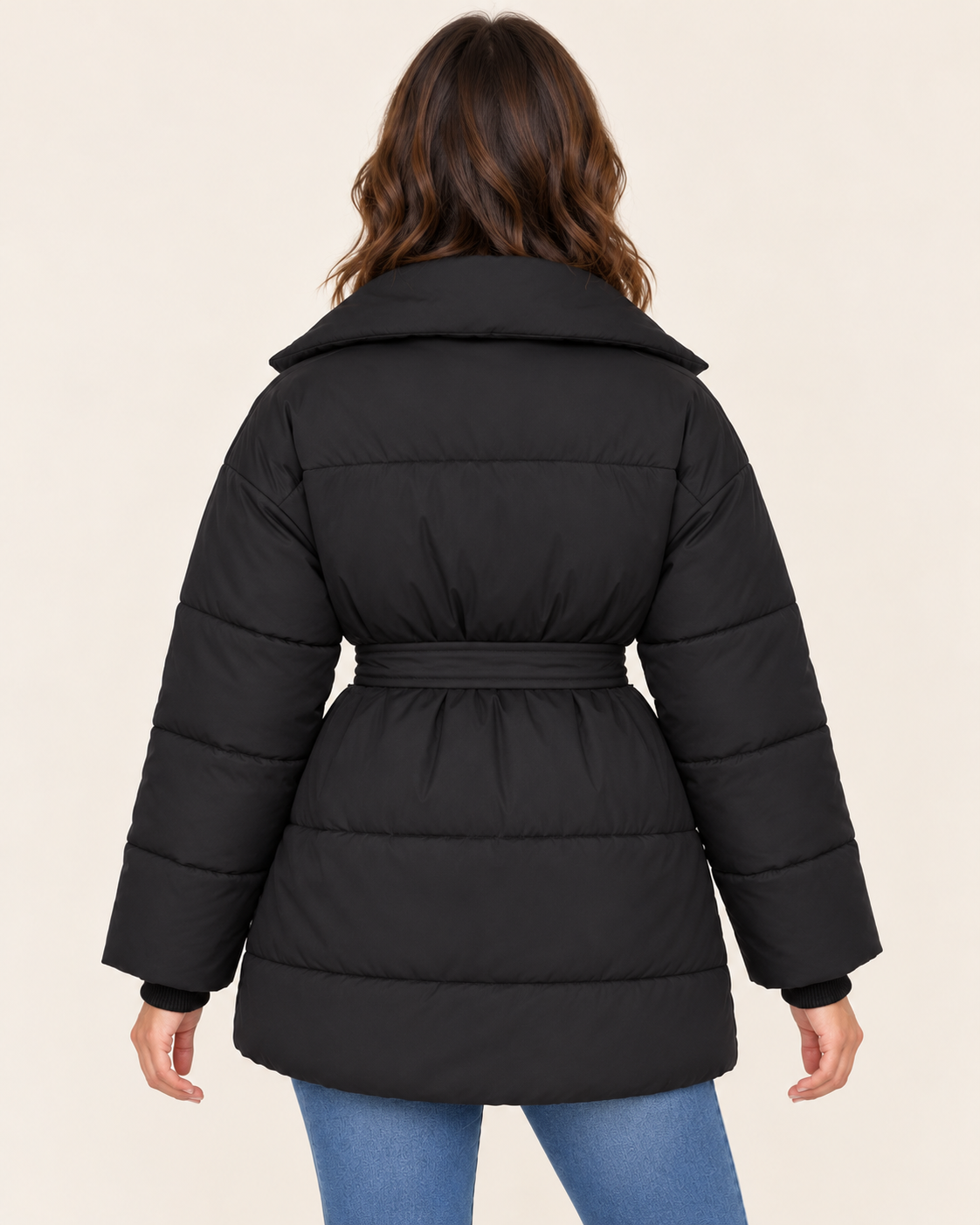 Women's Belted Puffer Jacket with Shawl Collar