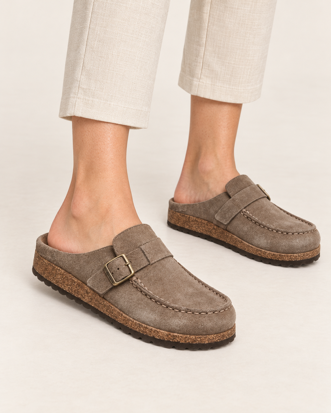 Women's Suede-Look Clogs with Buckle Strap in Taupe, alternate view