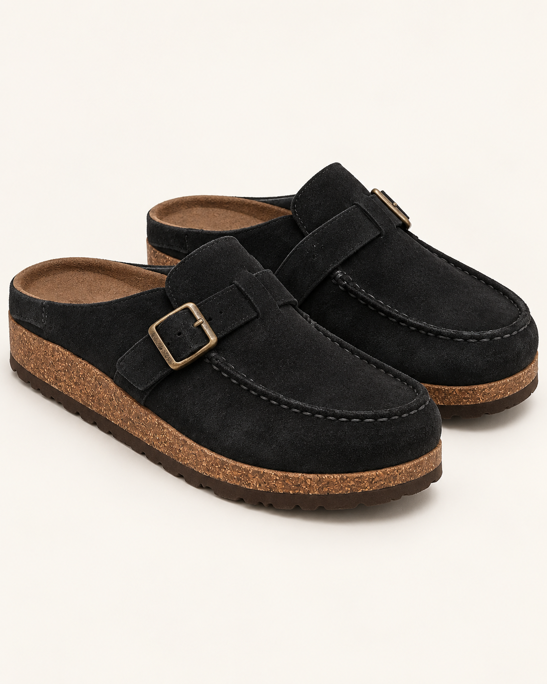 Women's Suede-Look Clogs with Buckle Strap in Black