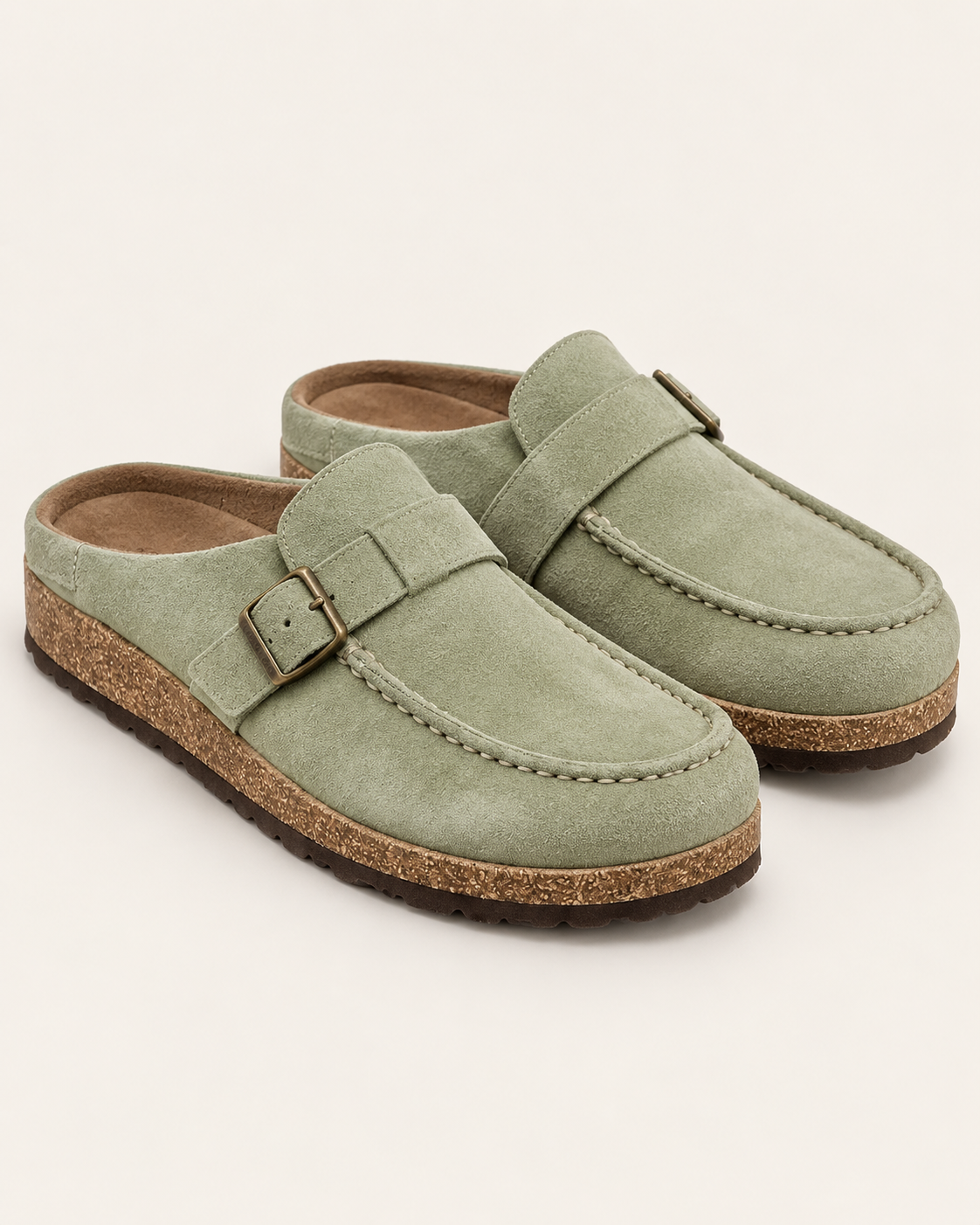 Women's Suede-Look Clogs with Buckle Strap in Light Green