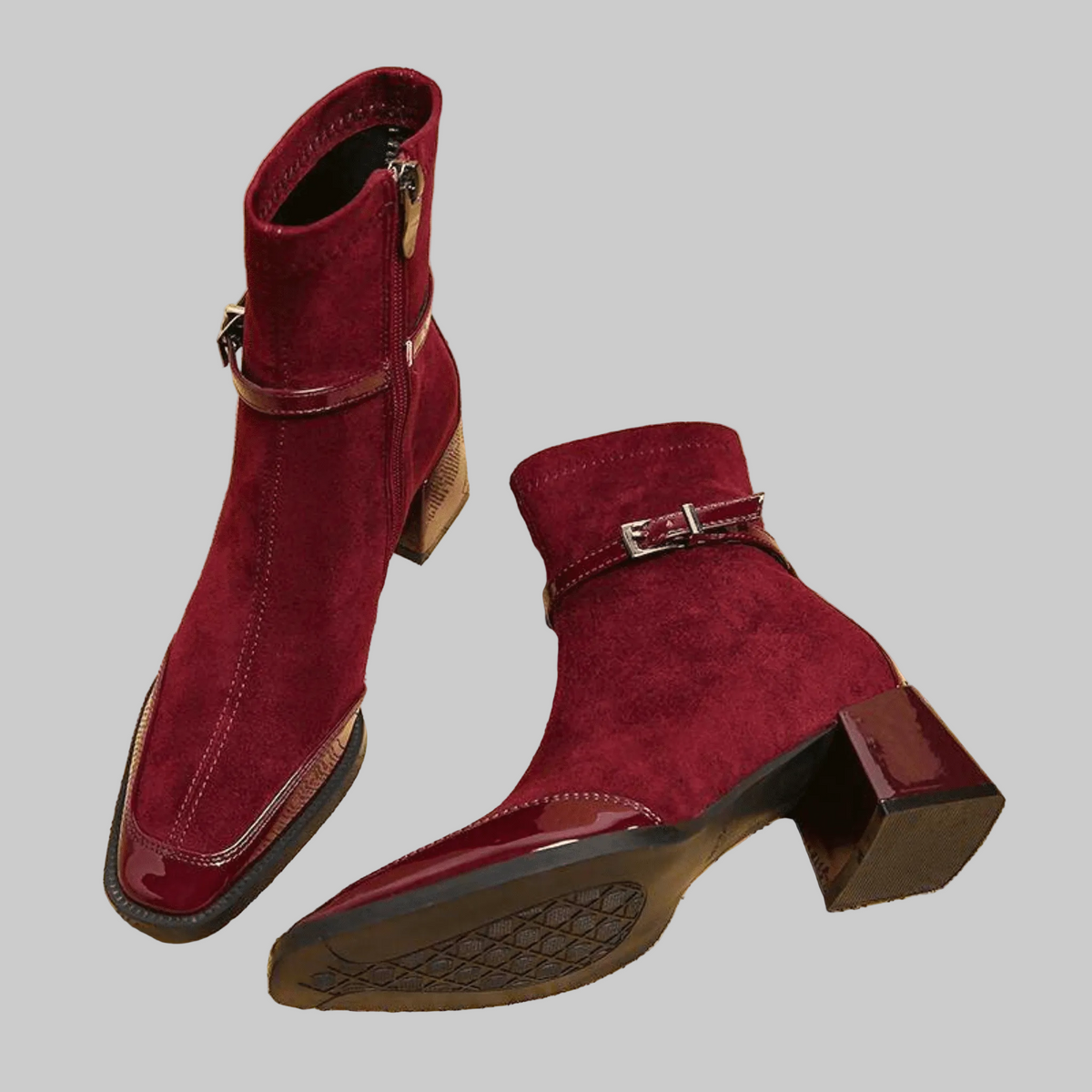 Women's Suede Look Ankle Boots with Square Toe and Buckle Strap in Burgundy, sole view