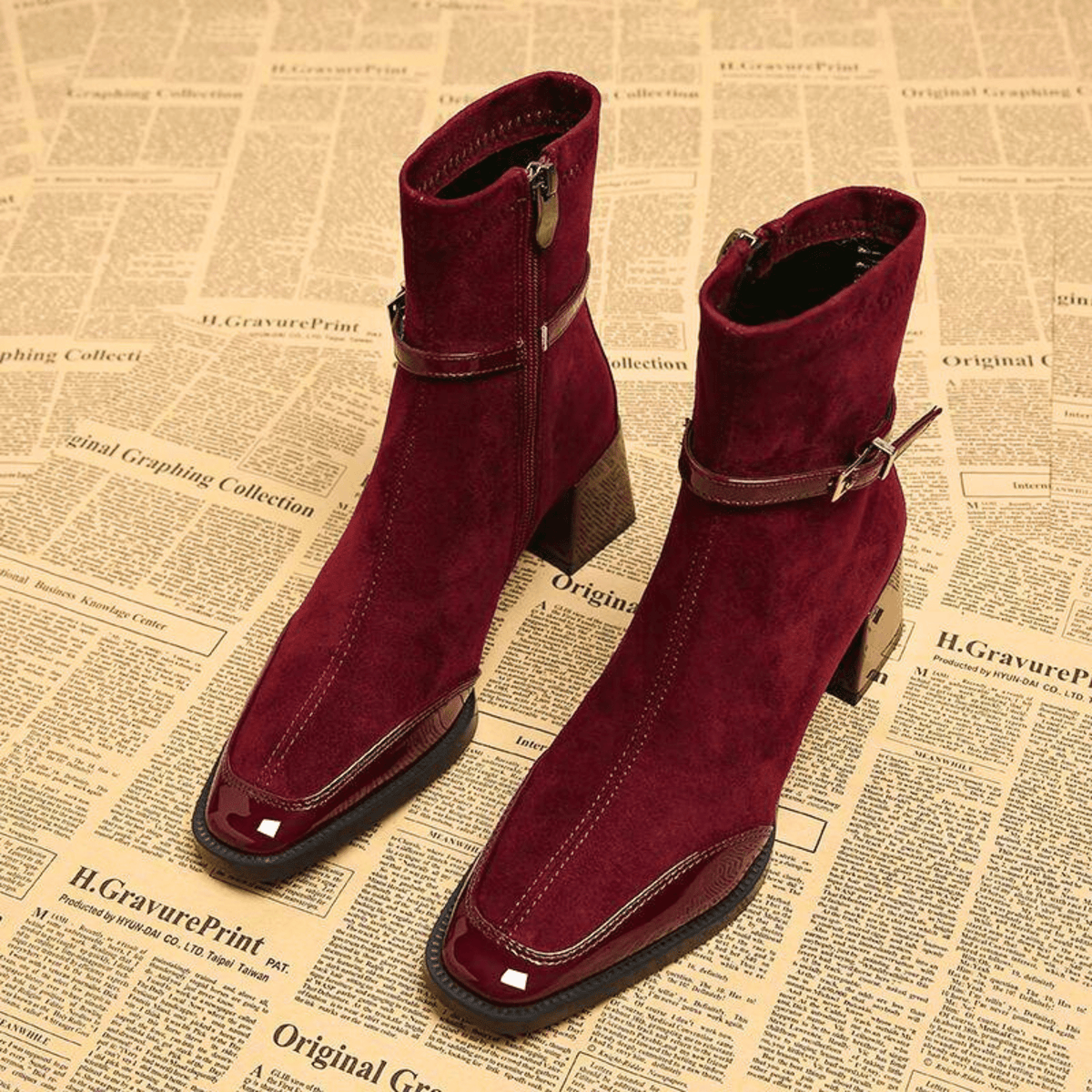 Women's Suede Look Ankle Boots with Square Toe and Buckle Strap in Burgundy