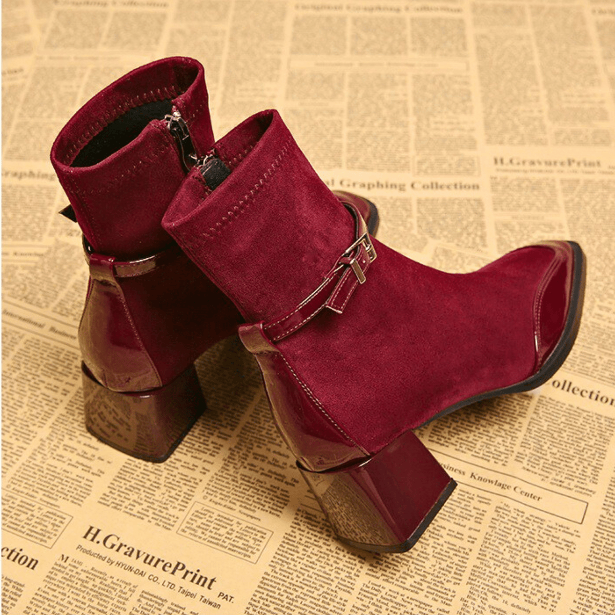 Women's Suede Look Ankle Boots with Square Toe and Buckle Strap in Burgundy, three quarter view