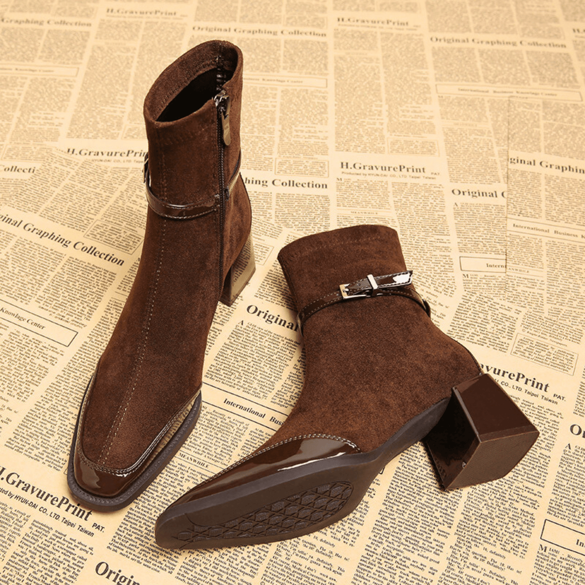 Women's Suede Look Ankle Boots with Square Toe and Buckle Strap in Mocha, sole view