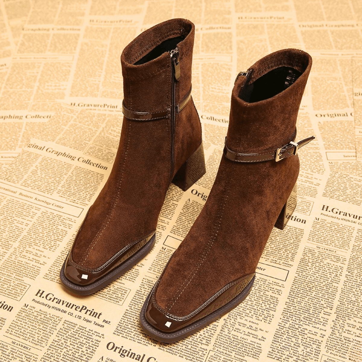 Women's Suede Look Ankle Boots with Square Toe and Buckle Strap in Mocha