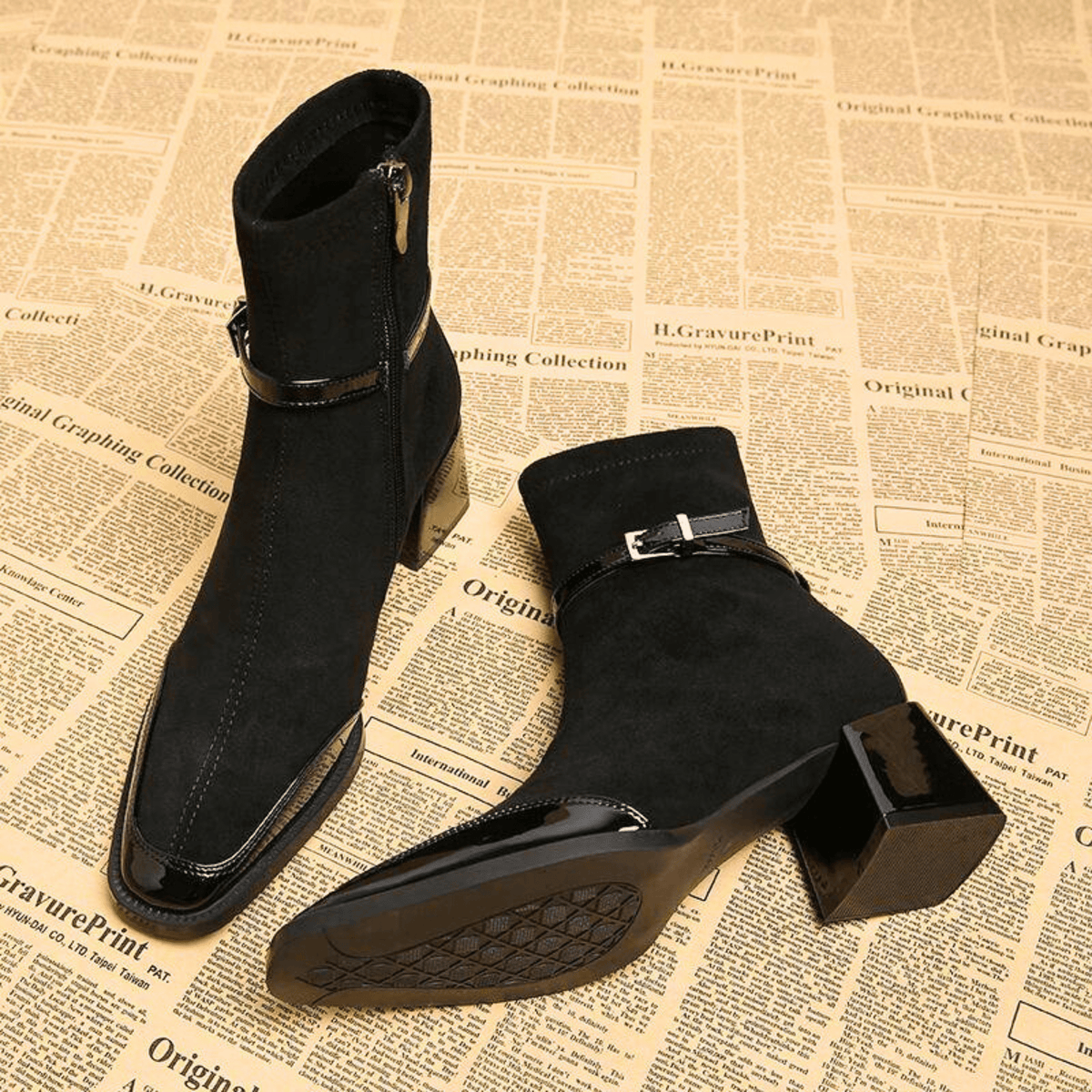 Women's Suede Look Ankle Boots with Square Toe and Buckle Strap in Black, sole view