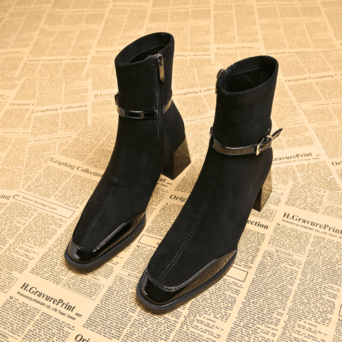 Women's Suede Look Ankle Boots with Square Toe and Buckle Strap in Black