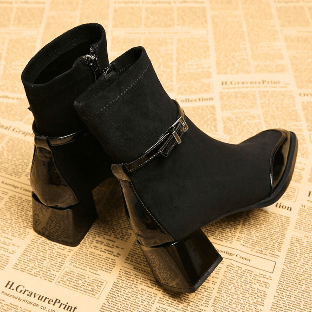 Women's Suede Look Ankle Boots with Square Toe and Buckle Strap in Black, three quarter view