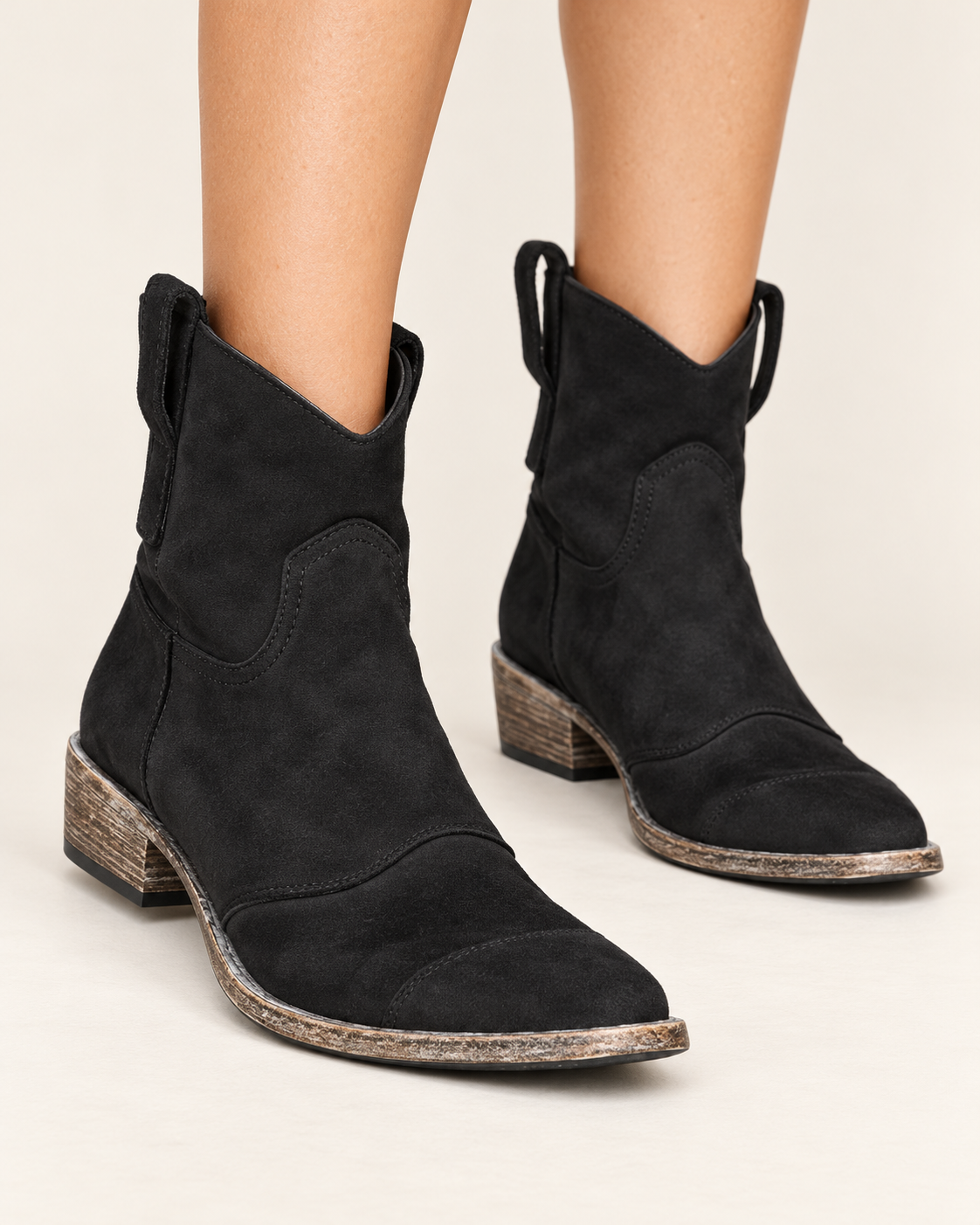 Women's Suede Look Western Ankle Boots in Black