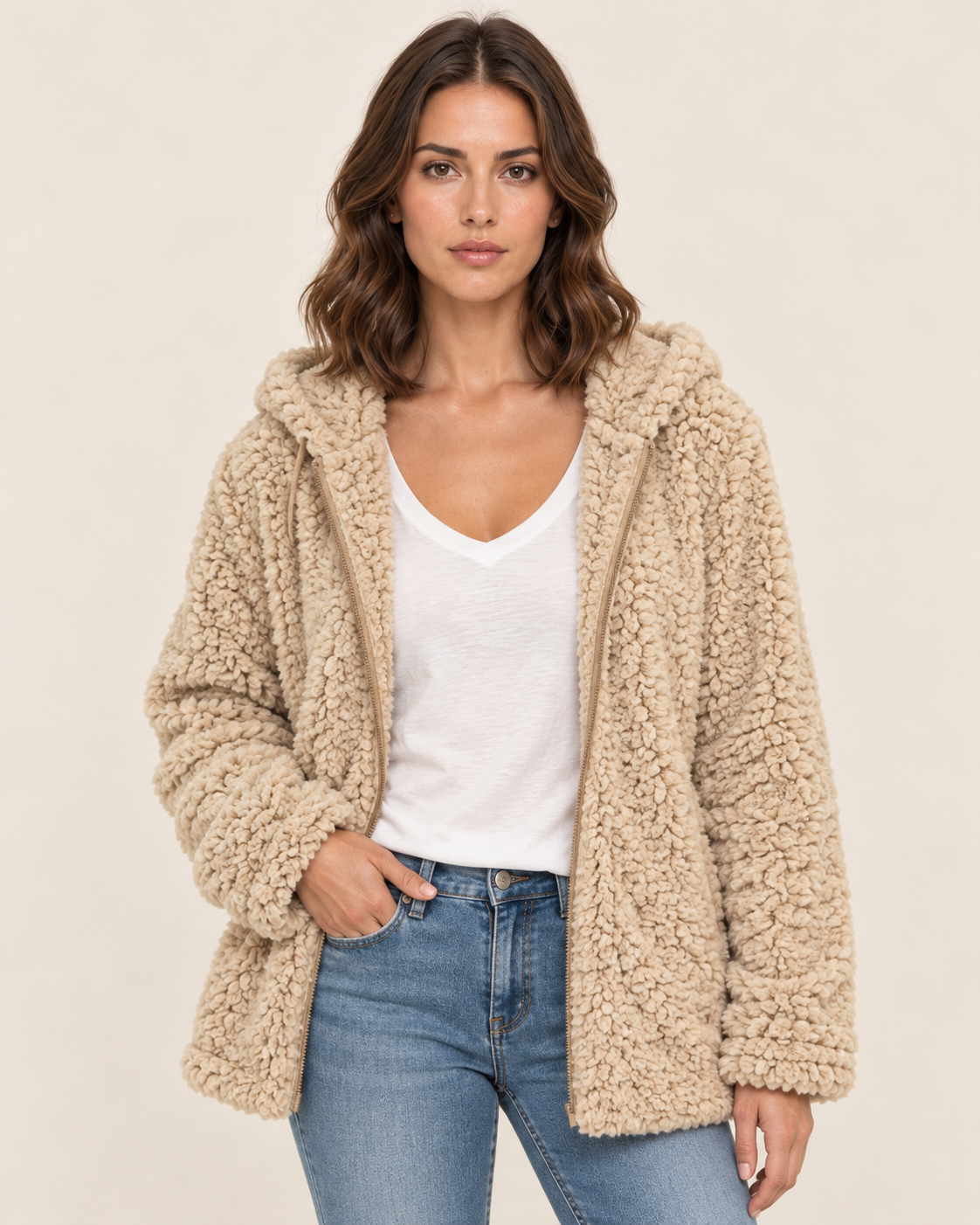 Women's Teddy Fleece Jacket with Hood and Zip Front