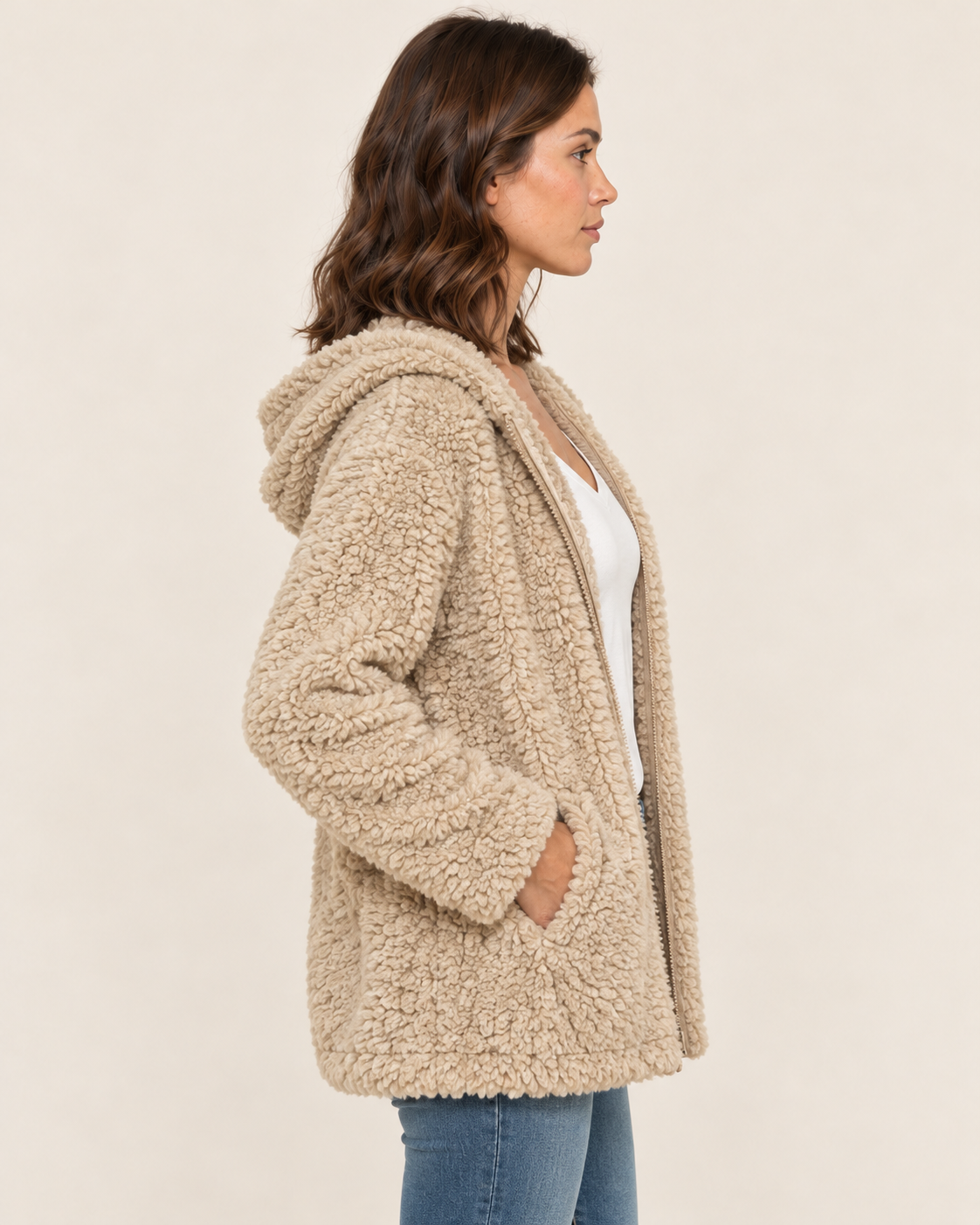 Women's Teddy Fleece Jacket with Hood and Zip Front
