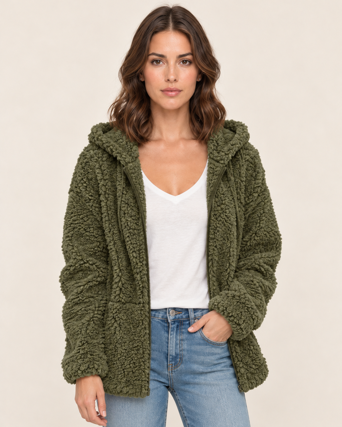 Women's Teddy Fleece Jacket with Hood and Zip Front