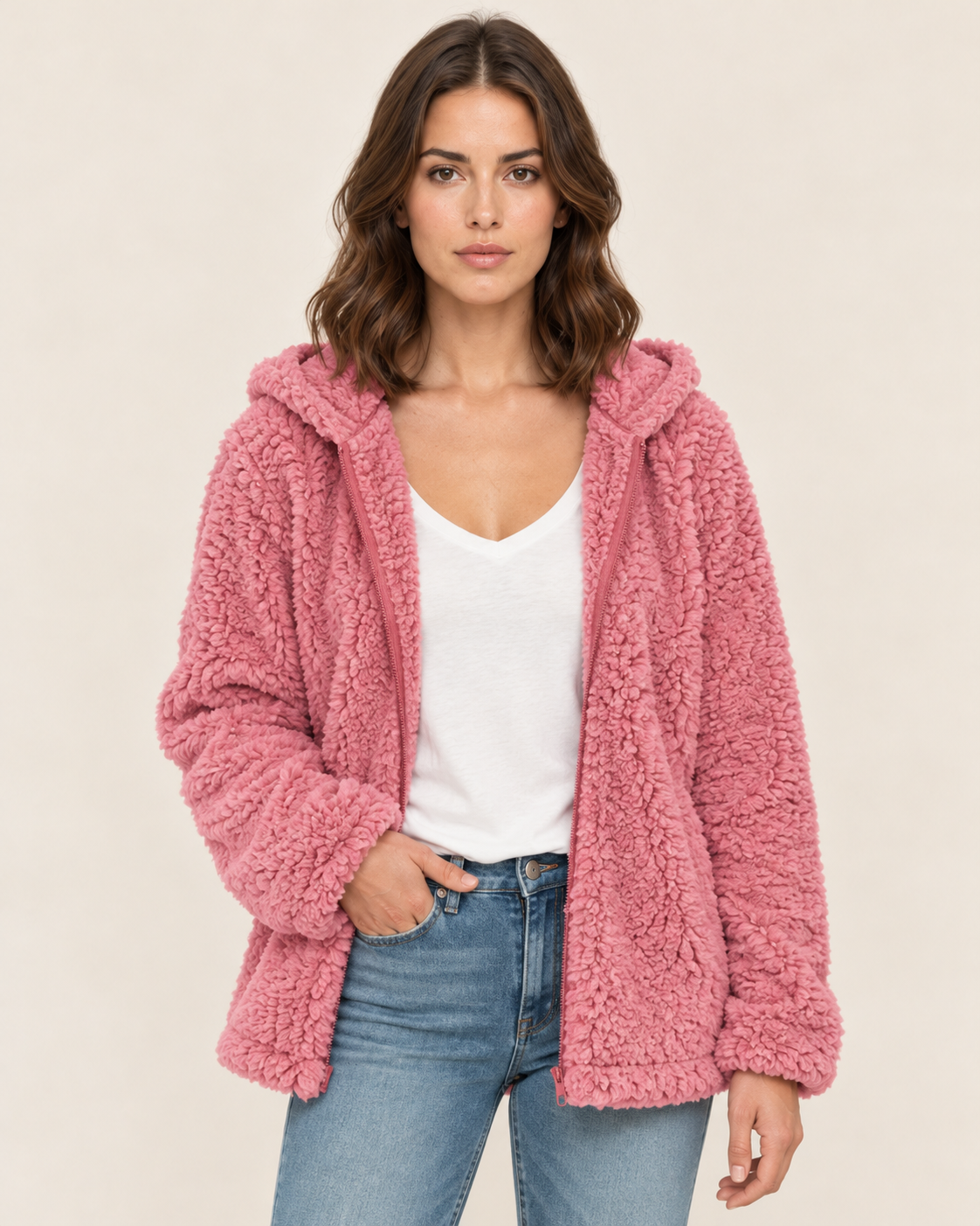 Women's Teddy Fleece Jacket with Hood and Zip Front
