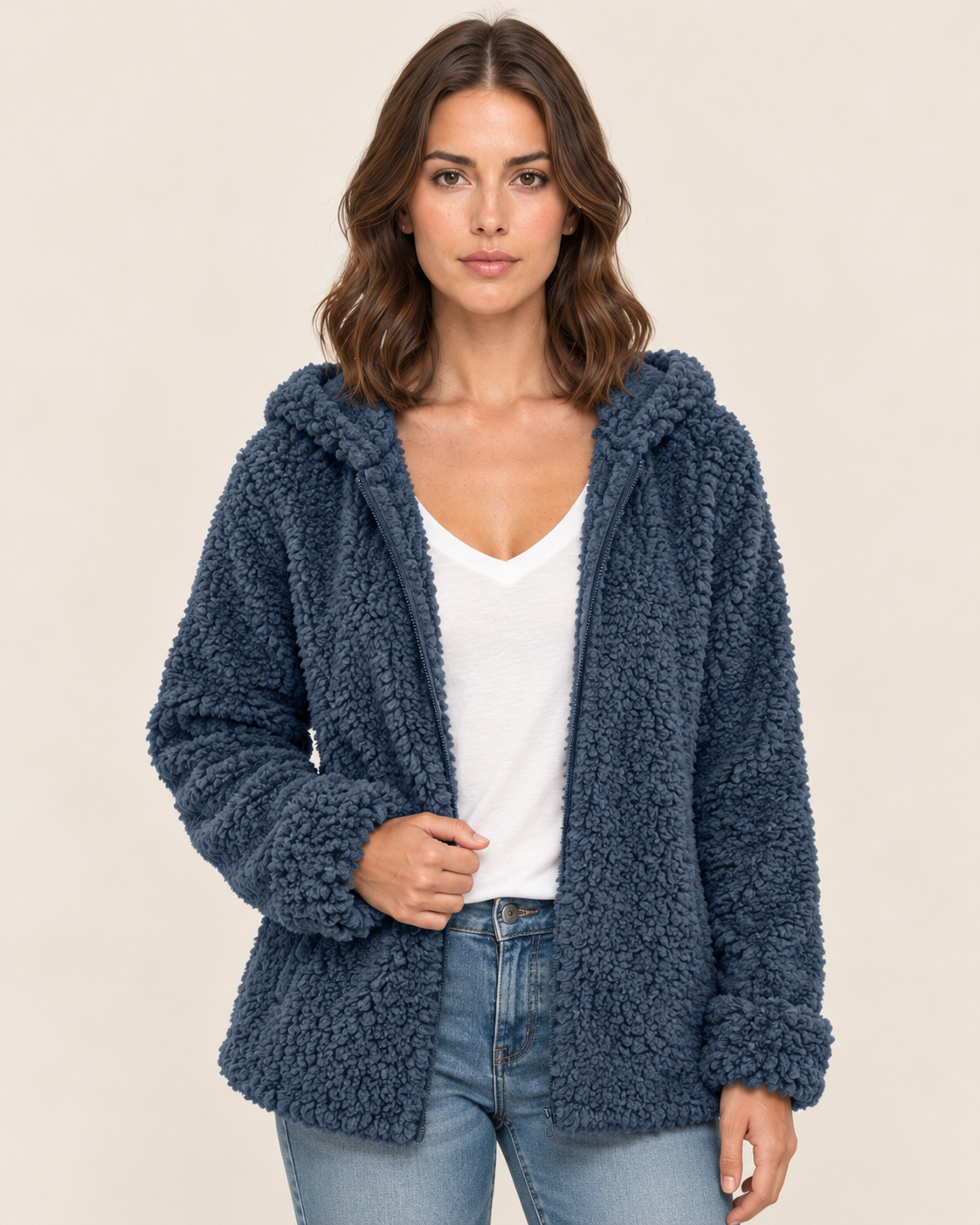 Women's Teddy Fleece Jacket with Hood and Zip Front