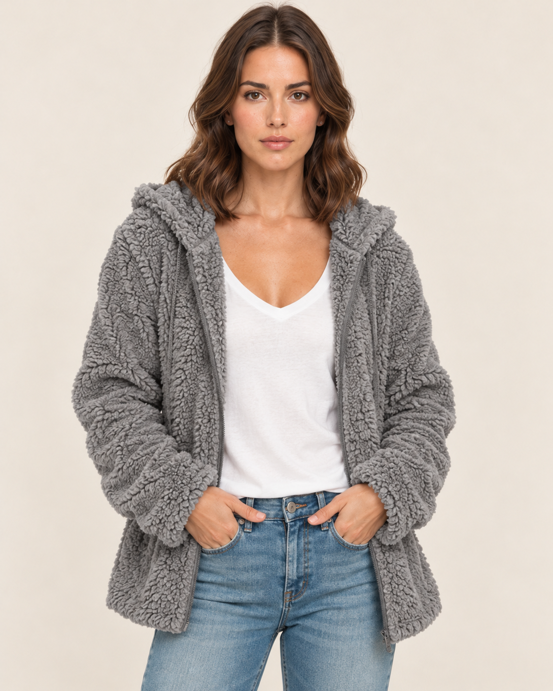 Women's Teddy Fleece Jacket with Hood and Zip Front