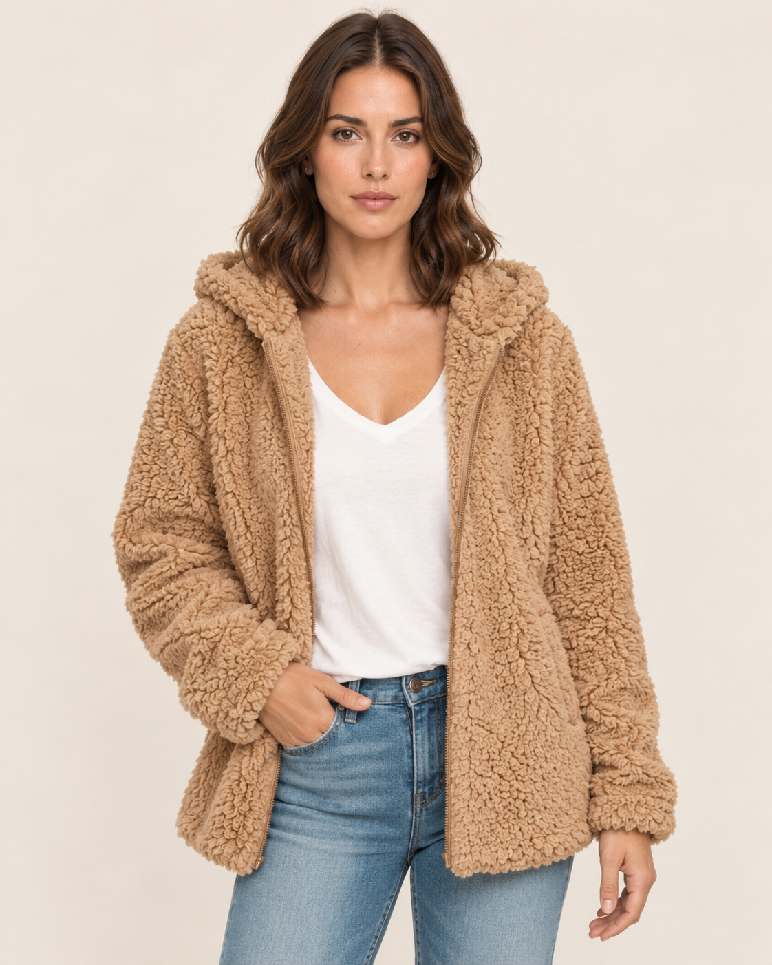 Women's Teddy Fleece Jacket with Hood and Zip Front