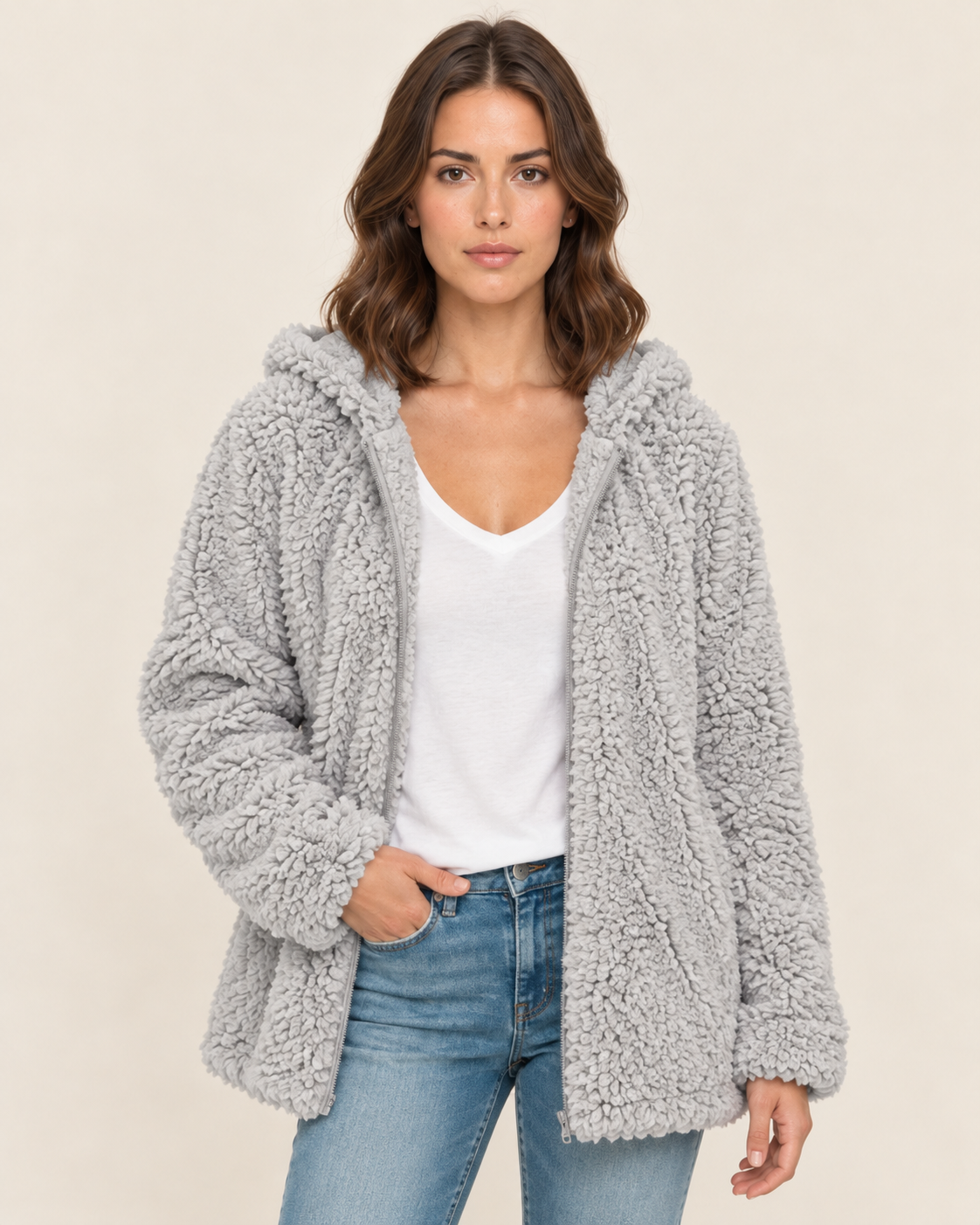 Women's Teddy Fleece Jacket with Hood and Zip Front
