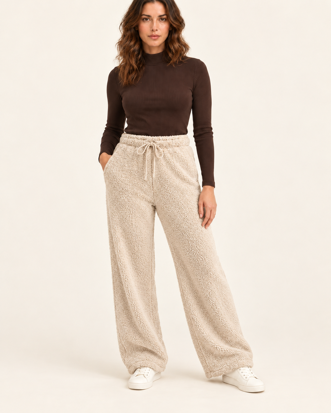 Women's Teddy Fleece Wide Leg Joggers in Beige
