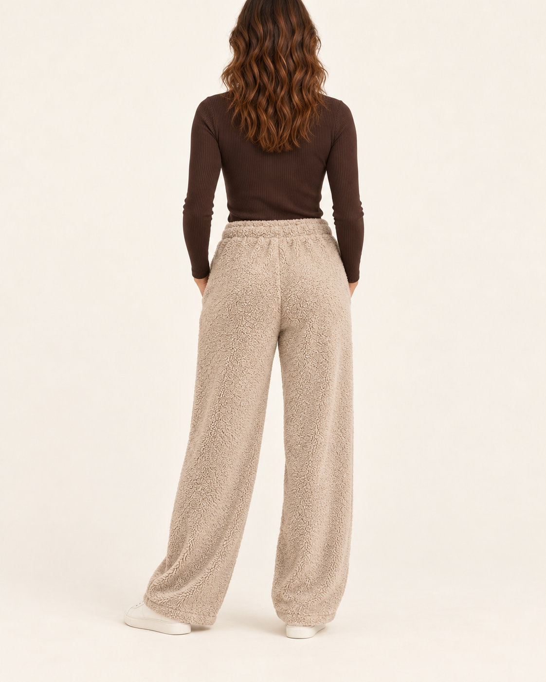 Women's Teddy Fleece Wide Leg Joggers in Beige