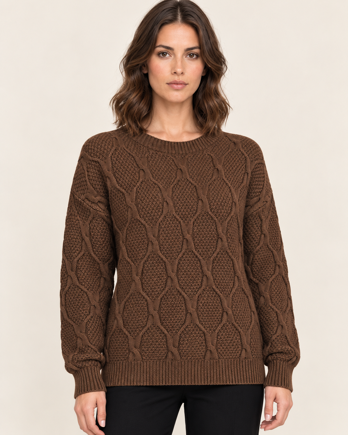Women's Diamond Cable Knit Crew Neck Jumper in Coffee