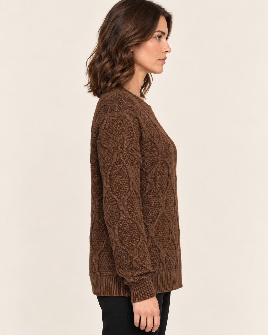 Women's Diamond Cable Knit Crew Neck Jumper in Coffee, side view