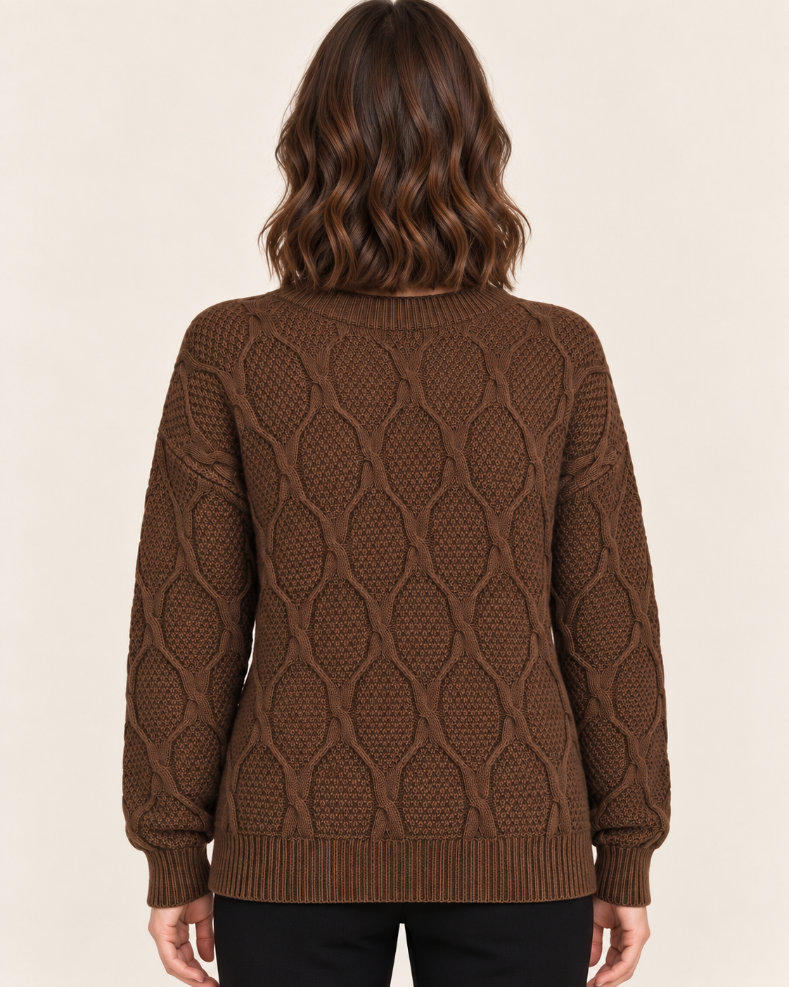 Women's Diamond Cable Knit Crew Neck Jumper in Coffee, back view