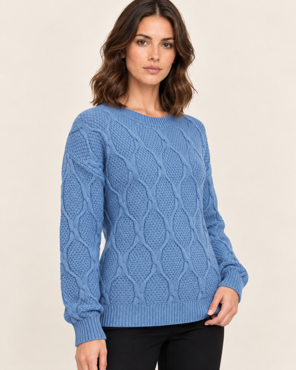 Women's Diamond Cable Knit Crew Neck Jumper in Sky Blue