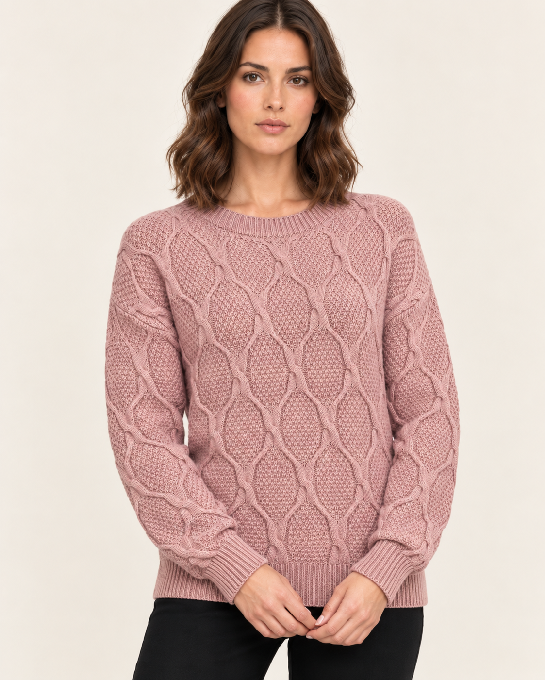 Women's Diamond Cable Knit Crew Neck Jumper in Dusty Pink