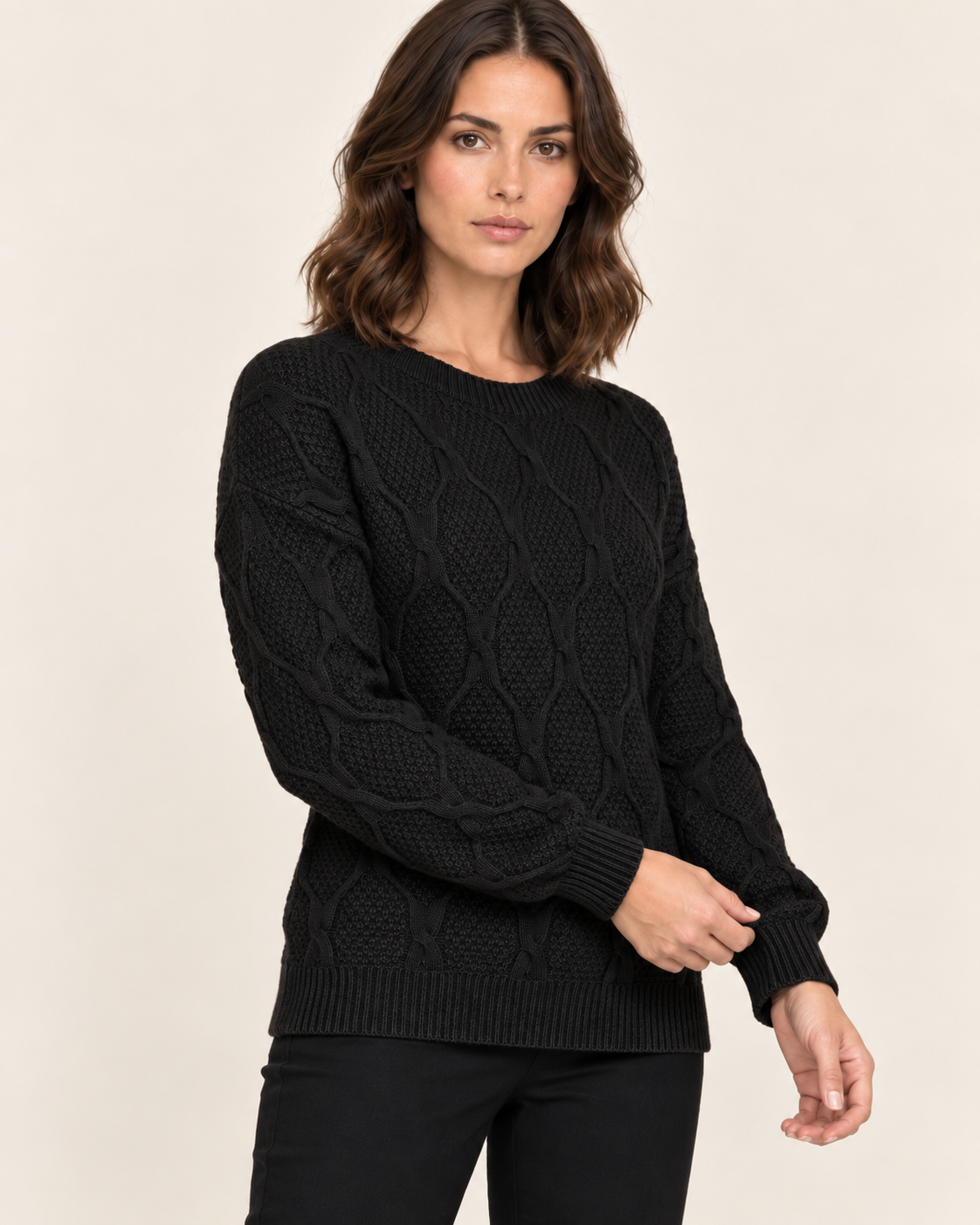 Women's Diamond Cable Knit Crew Neck Jumper in Black