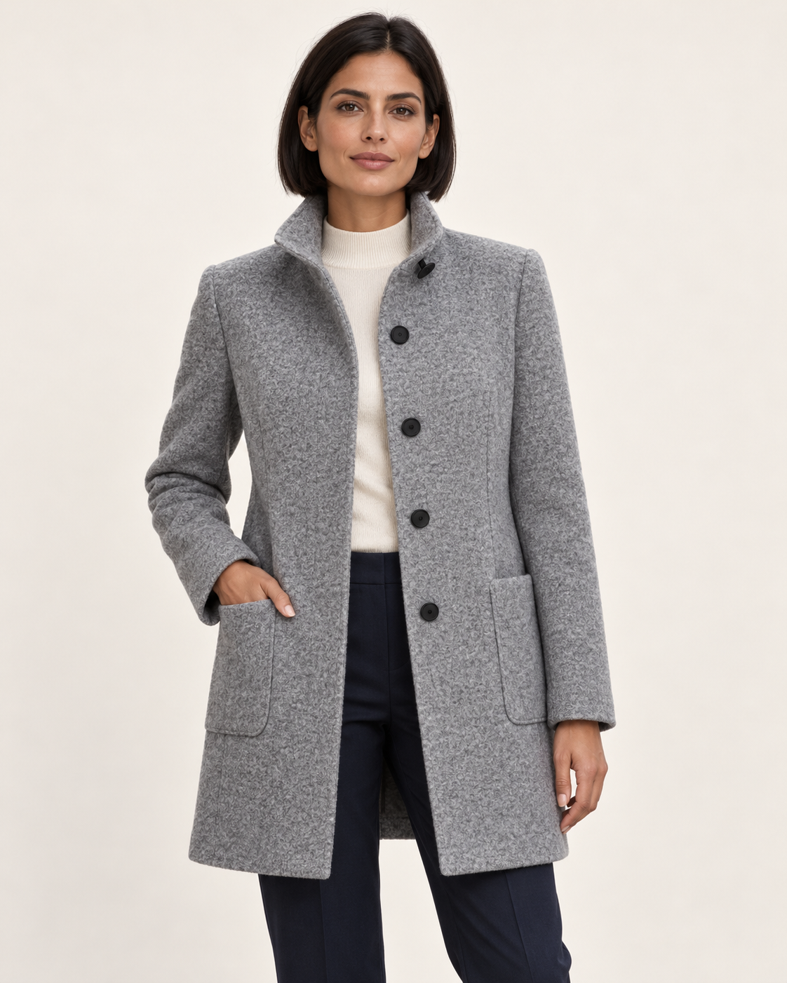 Women's Textured Stand Collar Coat With Pockets in Light Grey