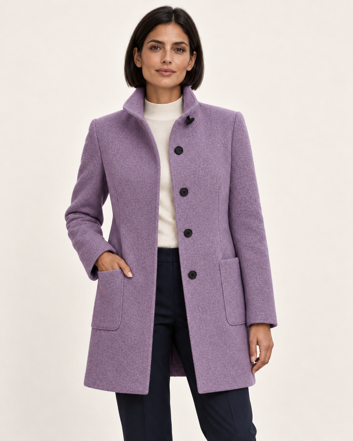 Women's Textured Stand Collar Coat With Pockets in Lilac